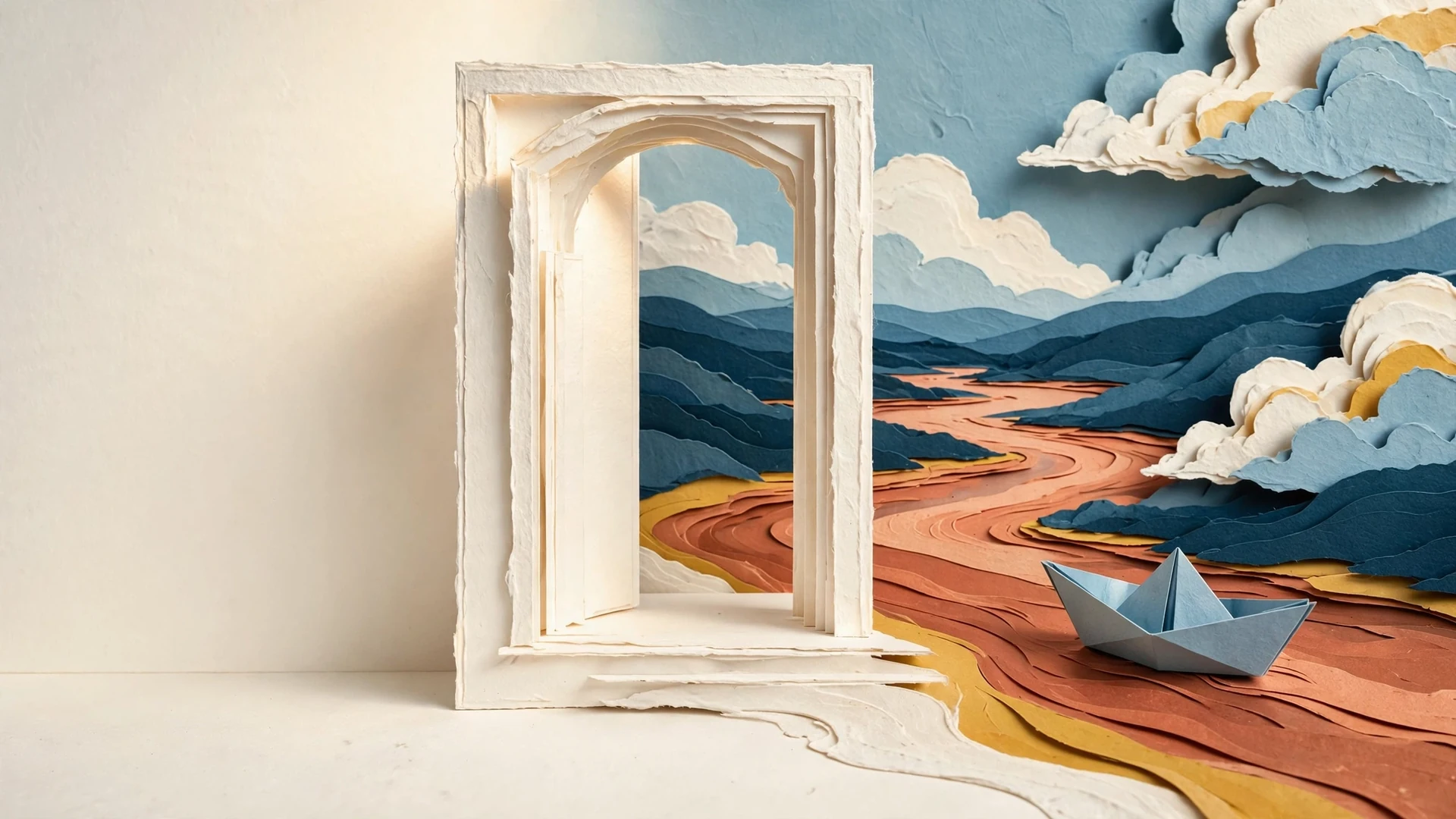 A paper threshold opens into a copper-colored estuary beneath layered blue clouds