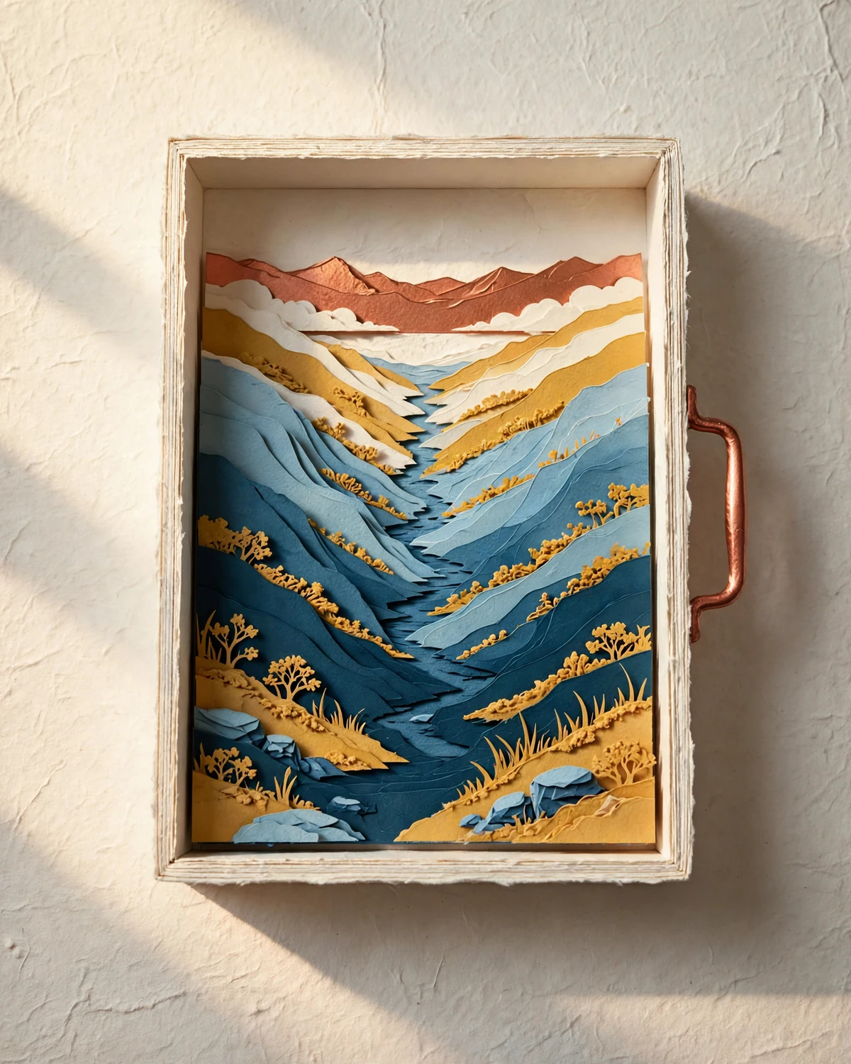 A paper drawer holds a small layered valley