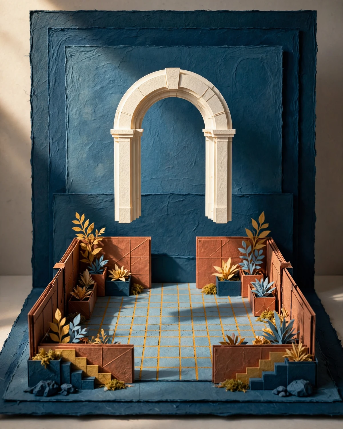 An ivory arch suspended over an open paper courtyard
