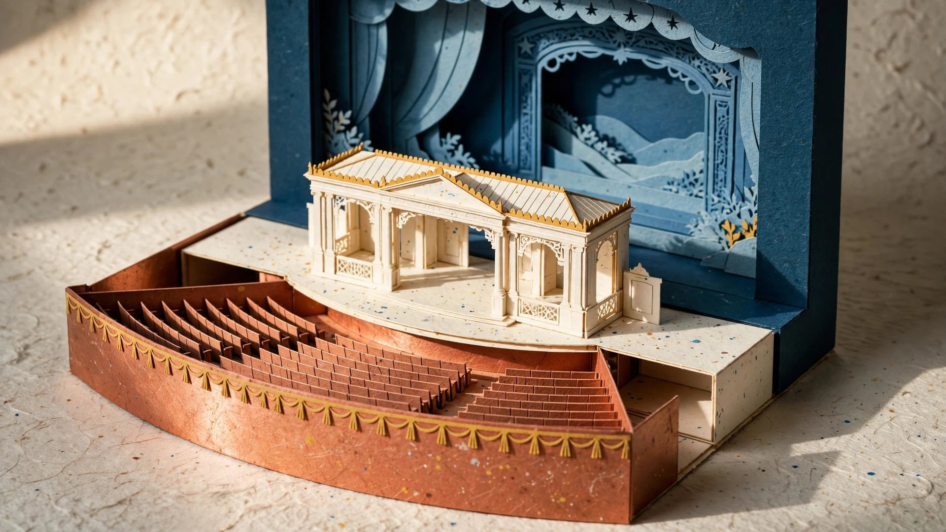 A paper stage viewed from an angle reveals its separate depth planes