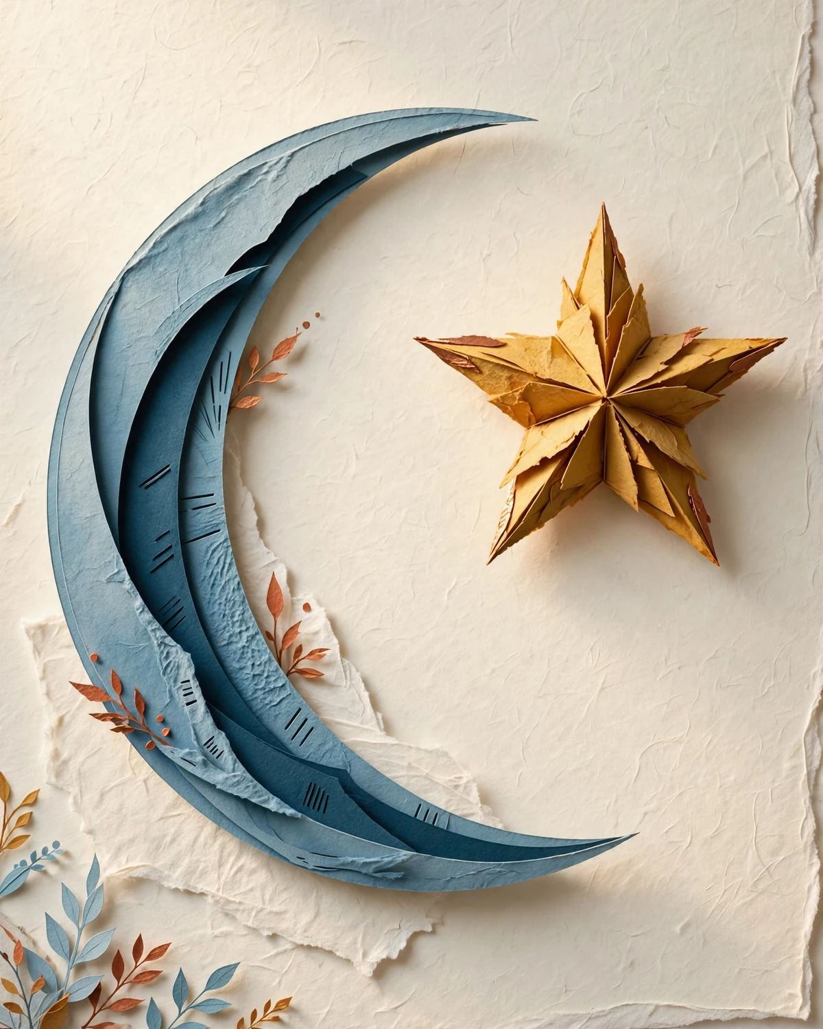 An ochre star beside a sculptural blue crescent