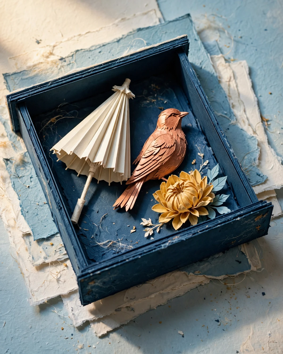 An open drawer of paper objects, including a parasol and a bird