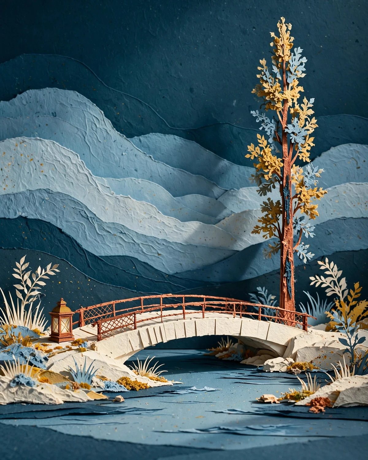 A small bridge and a tall slender paper tree form an asymmetric arrangement