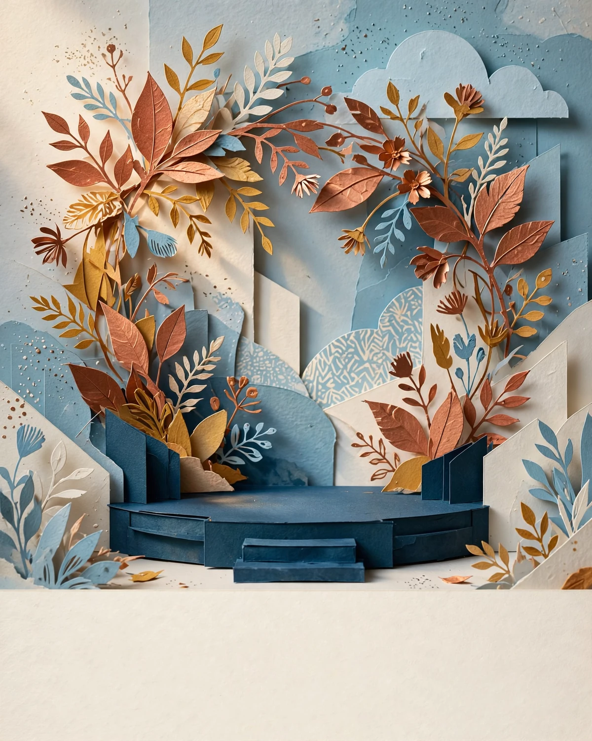 An open blue stage framed by copper leaves