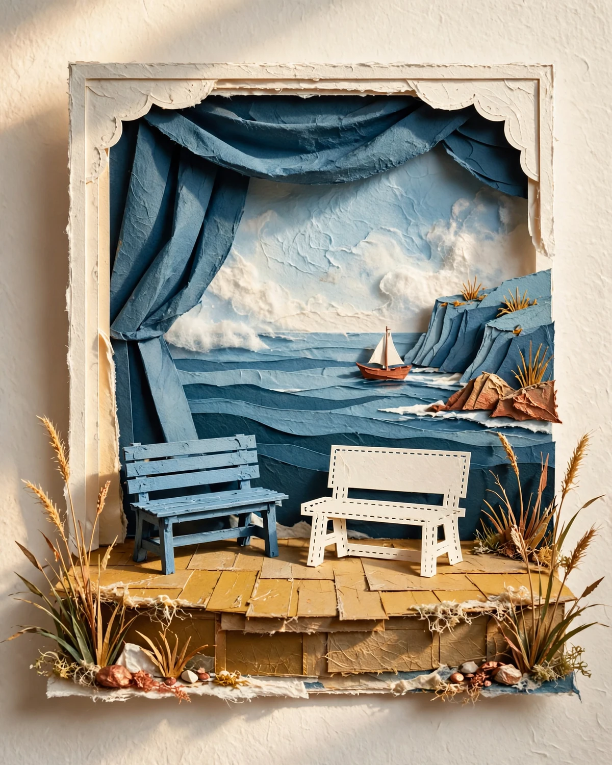 A coastal paper scene with benches, ready for another arrangement