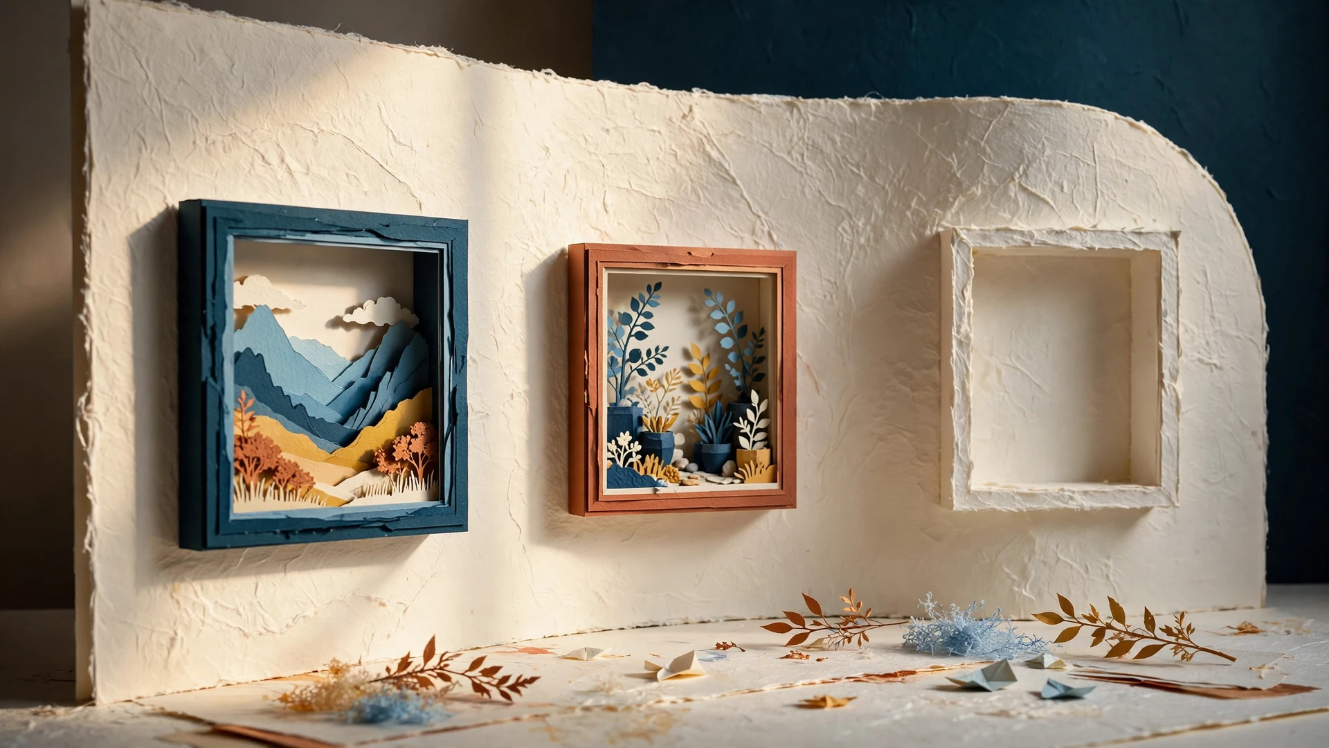 A curved display wall holds distinct miniature paper scenes and an empty niche