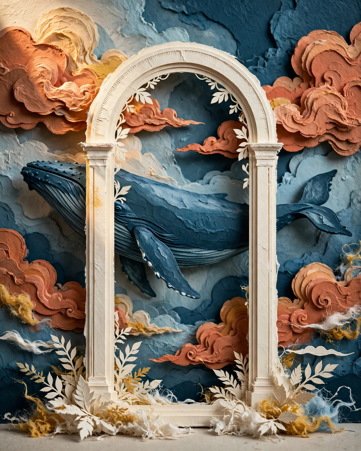 An ivory arch rises through an imaginary blue and copper paper world