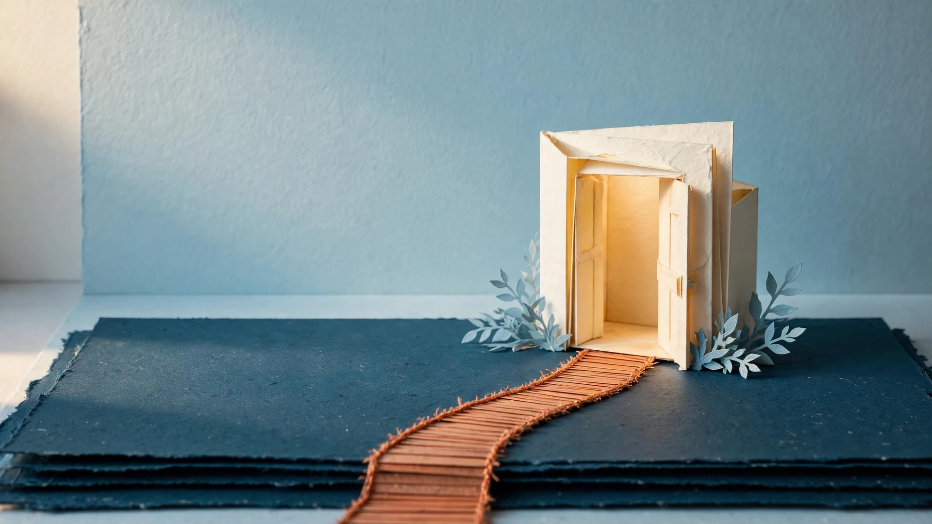A warmly lit paper doorway at the end of a copper path